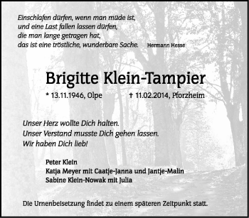 Traueranzeige von Brigitte Klein-Tampier von Tageszeitung