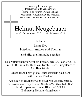 Traueranzeige von Helmut Neugebauer von Tageszeitung