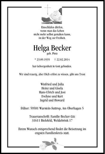 Traueranzeige von Helga Becker von Tageszeitung