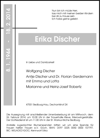 Traueranzeige von Erika Discher von Tageszeitung
