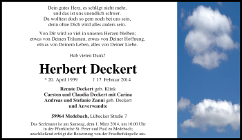 Traueranzeige von Herbert Deckert von Tageszeitung