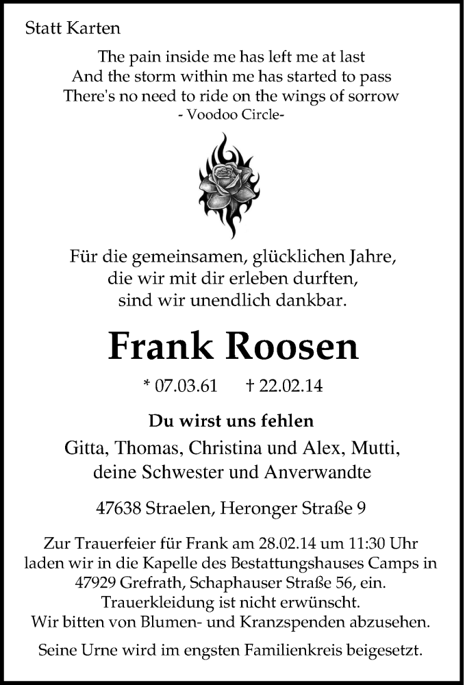  Traueranzeige für Frank Roosen vom 25.02.2014 aus Tageszeitung