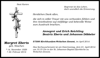 Traueranzeige von Margret Eberts von Tageszeitung