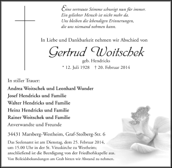 Traueranzeige von Gertrud Woitschek von Tageszeitung