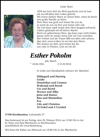 Traueranzeige von Esther Pokolm von Tageszeitung