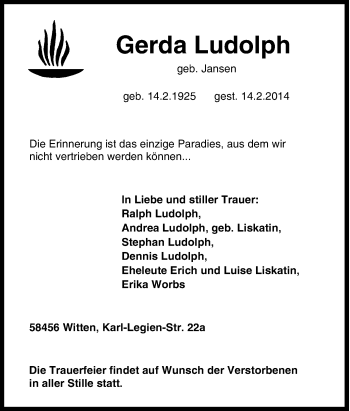 Traueranzeige von Gerda Ludolph von Tageszeitung