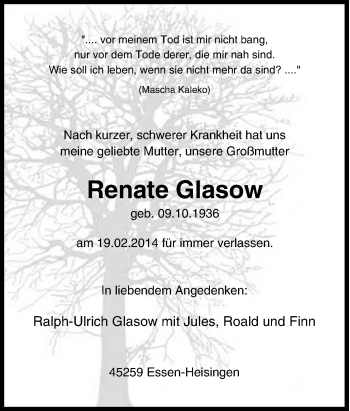 Traueranzeige von Renate Glasow von Tageszeitung