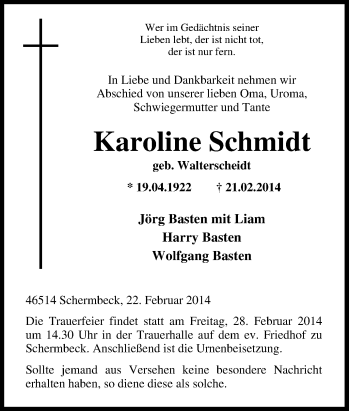Traueranzeige von Karoline Schmidt von Tageszeitung