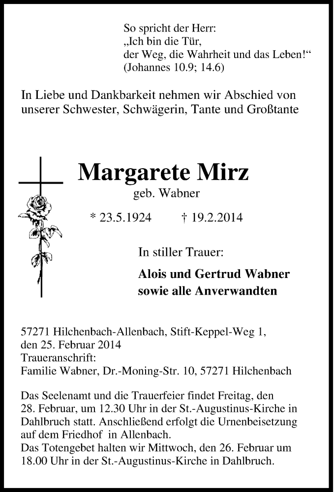  Traueranzeige für Margarete Mirz vom 25.02.2014 aus Tageszeitung