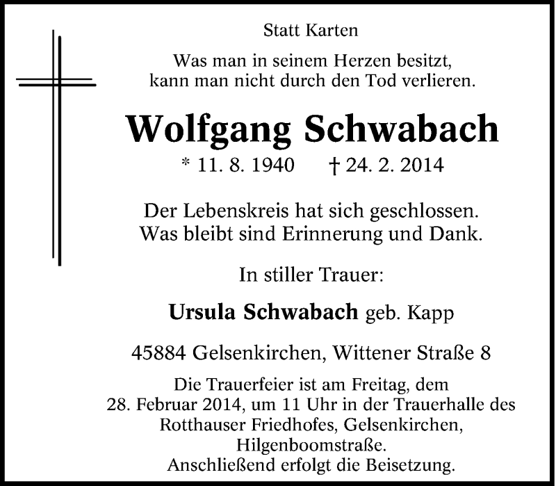 Traueranzeige für Wolfgang Schwabach vom 25.02.2014 aus Tageszeitung