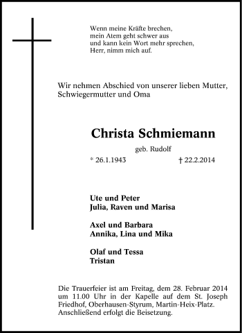 Traueranzeige von Christa Schrniernann von Tageszeitung