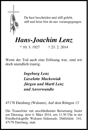 Traueranzeige von Hans-Joachim Lenz von Tageszeitung