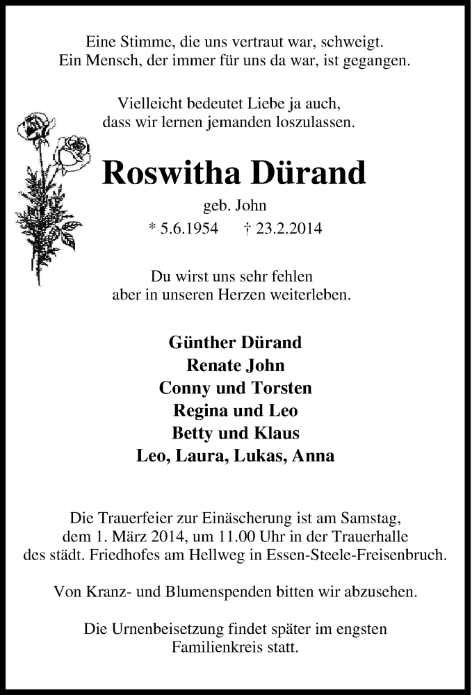  Traueranzeige für Roswitha Dürand vom 26.02.2014 aus Tageszeitung