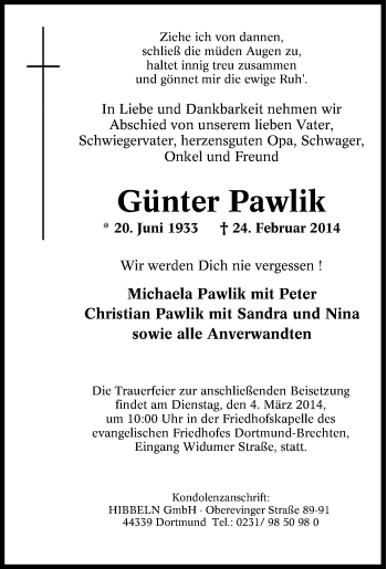 Traueranzeige von Günter Pawlik von Tageszeitung