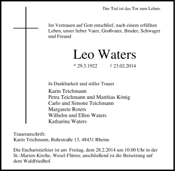 Traueranzeige von Leo Waters von Tageszeitung