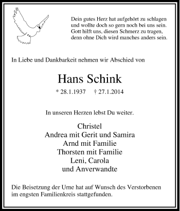 Traueranzeige von Hans Schink von Tageszeitung