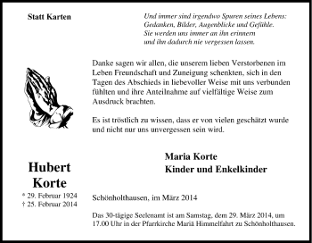 Traueranzeige von Hubert Korte von Tageszeitung