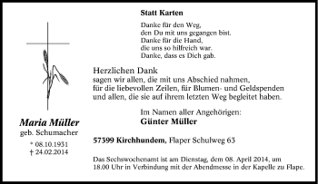Traueranzeige von Maria Müller von Tageszeitung