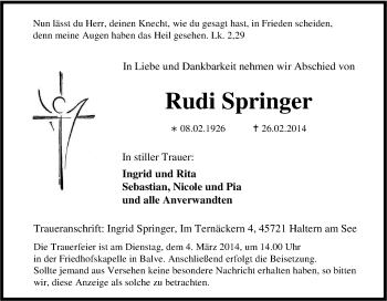 Traueranzeige von Rudi Springer von Tageszeitung