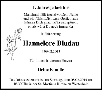 Traueranzeige von Hannelore Bludau von Tageszeitung