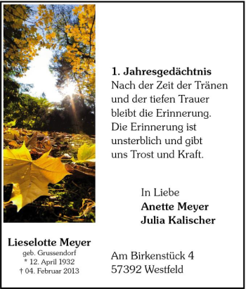 Traueranzeige von Lieselotte Meyer von Tageszeitung