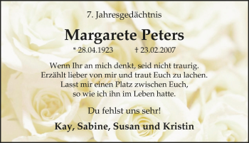 Traueranzeige von Margarete Peters von Tageszeitung