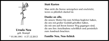 Traueranzeige von Ursula Neu von Tageszeitung