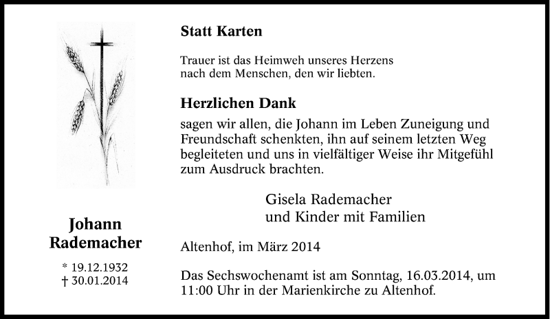  Traueranzeige für Johann Rademacher vom 12.03.2014 aus Tageszeitung