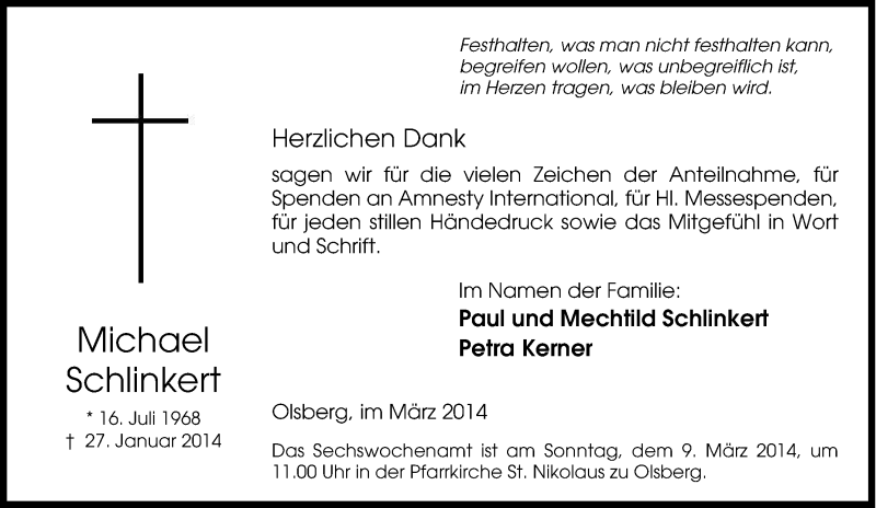  Traueranzeige für Michael Schlinkert vom 01.03.2014 aus Tageszeitung