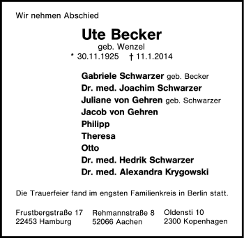 Traueranzeige von Ute Becker von Tageszeitung