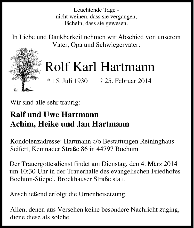  Traueranzeige für Rolf Karl Hartmann vom 01.03.2014 aus Tageszeitung