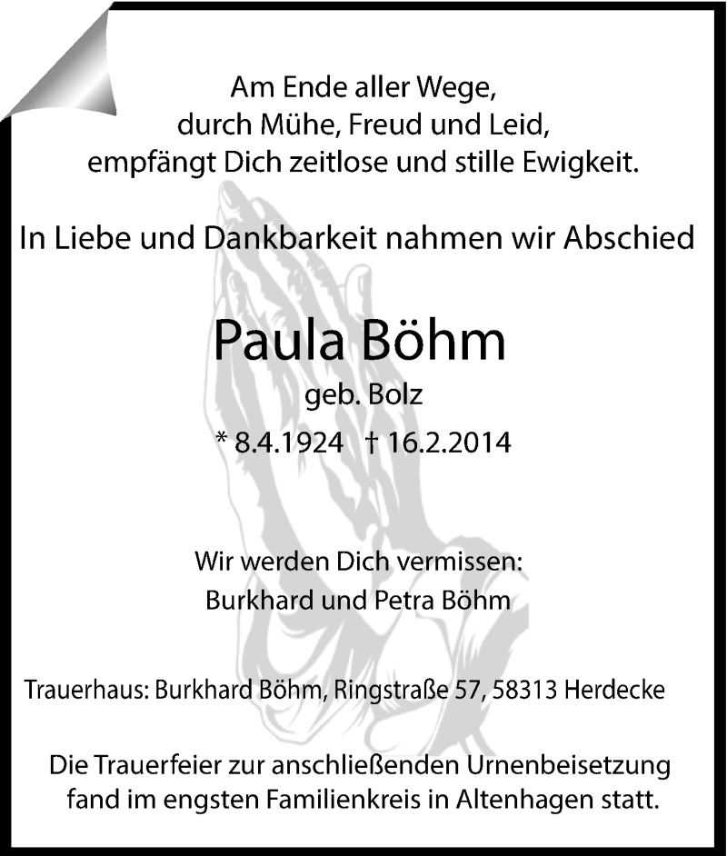 Traueranzeigen Von Paula Böhm Trauer In Nrwde