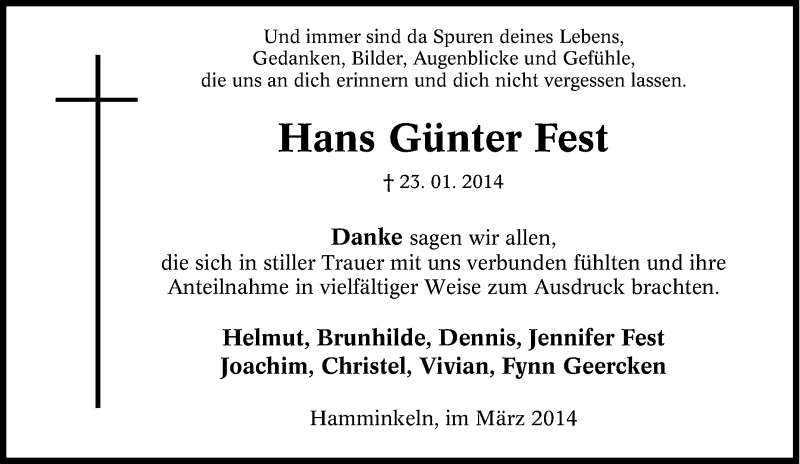  Traueranzeige für Hans Günter Fest vom 05.03.2014 aus Tageszeitung
