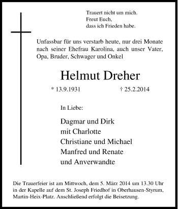 Traueranzeige von Helmut Dreher von Tageszeitung
