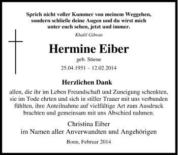 Traueranzeige von Hermine Eiber von Tageszeitung