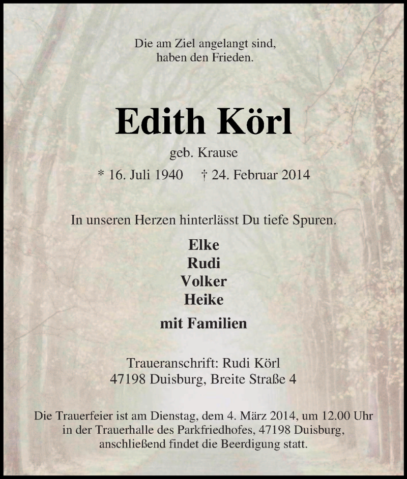  Traueranzeige für Edith Körl vom 01.03.2014 aus Tageszeitung
