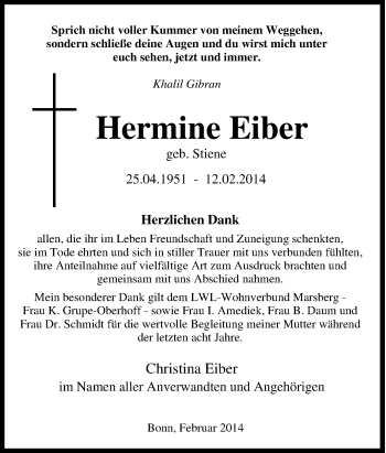 Traueranzeige von Hermine Eiber von Tageszeitung