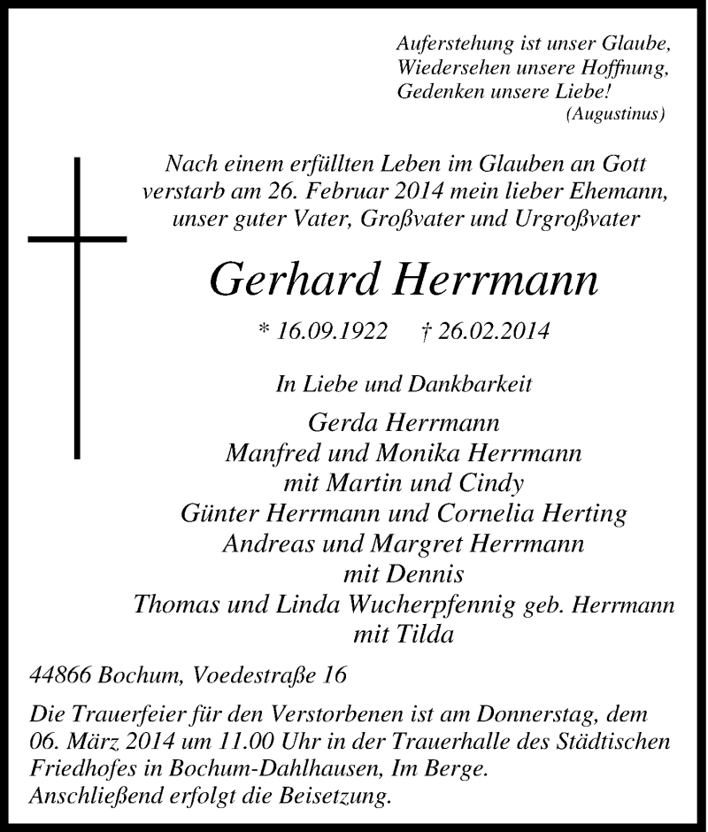  Traueranzeige für Gerhard Herrmann vom 04.03.2014 aus Tageszeitung