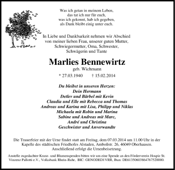 Traueranzeige von Marlies Bennewirtz von Tageszeitung