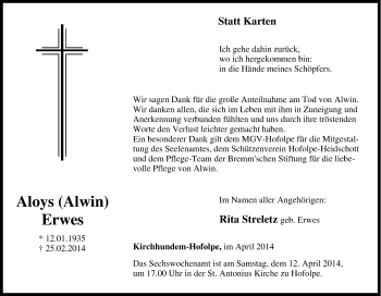 Traueranzeige von Aloys Erwes von Tageszeitung