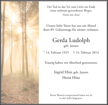 Traueranzeige von Gerda Ludolph von Tageszeitung