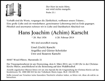 Traueranzeige von Hans Joachim  Karscht von Tageszeitung