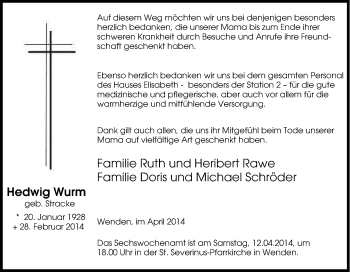 Traueranzeige von Hedwig Wurm Stracke von Tageszeitung