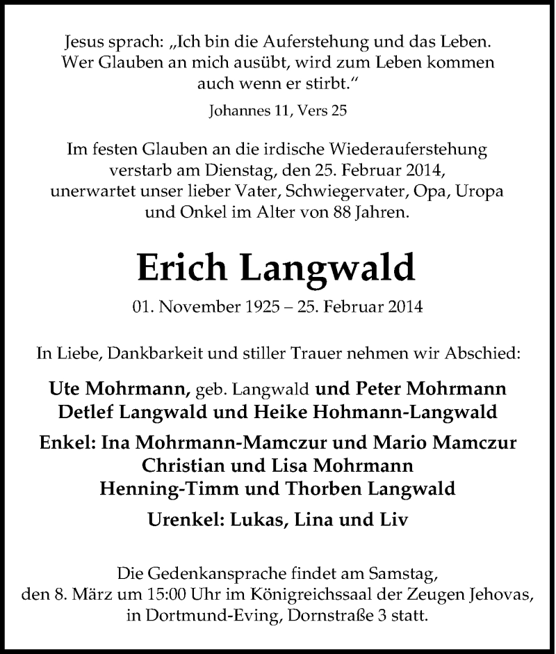  Traueranzeige für Erich Langwald vom 03.03.2014 aus Tageszeitung