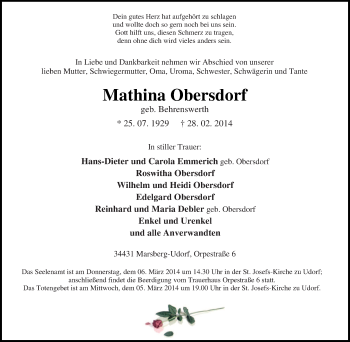Traueranzeige von Mathina Obersdorf von Tageszeitung