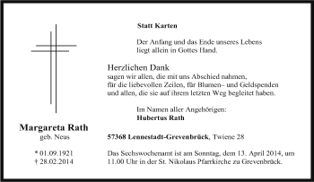 Traueranzeige von Margareta Rath von Tageszeitung