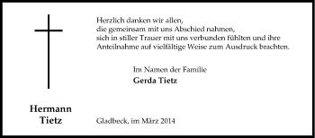 Traueranzeige von Hermann Tietz von Tageszeitung