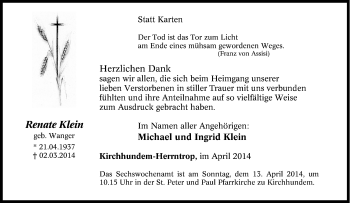 Traueranzeige von Renate Klein von Tageszeitung