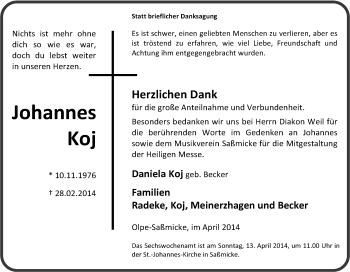 Traueranzeige von Johannes Koj von Tageszeitung