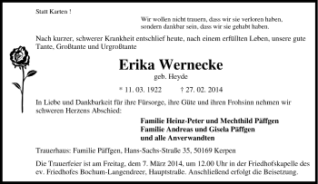 Traueranzeige von Erika Wernecke von Tageszeitung